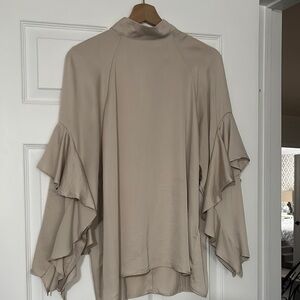 H&M Cream Relaxed Ruffled Blouse with Mandarin Collar
